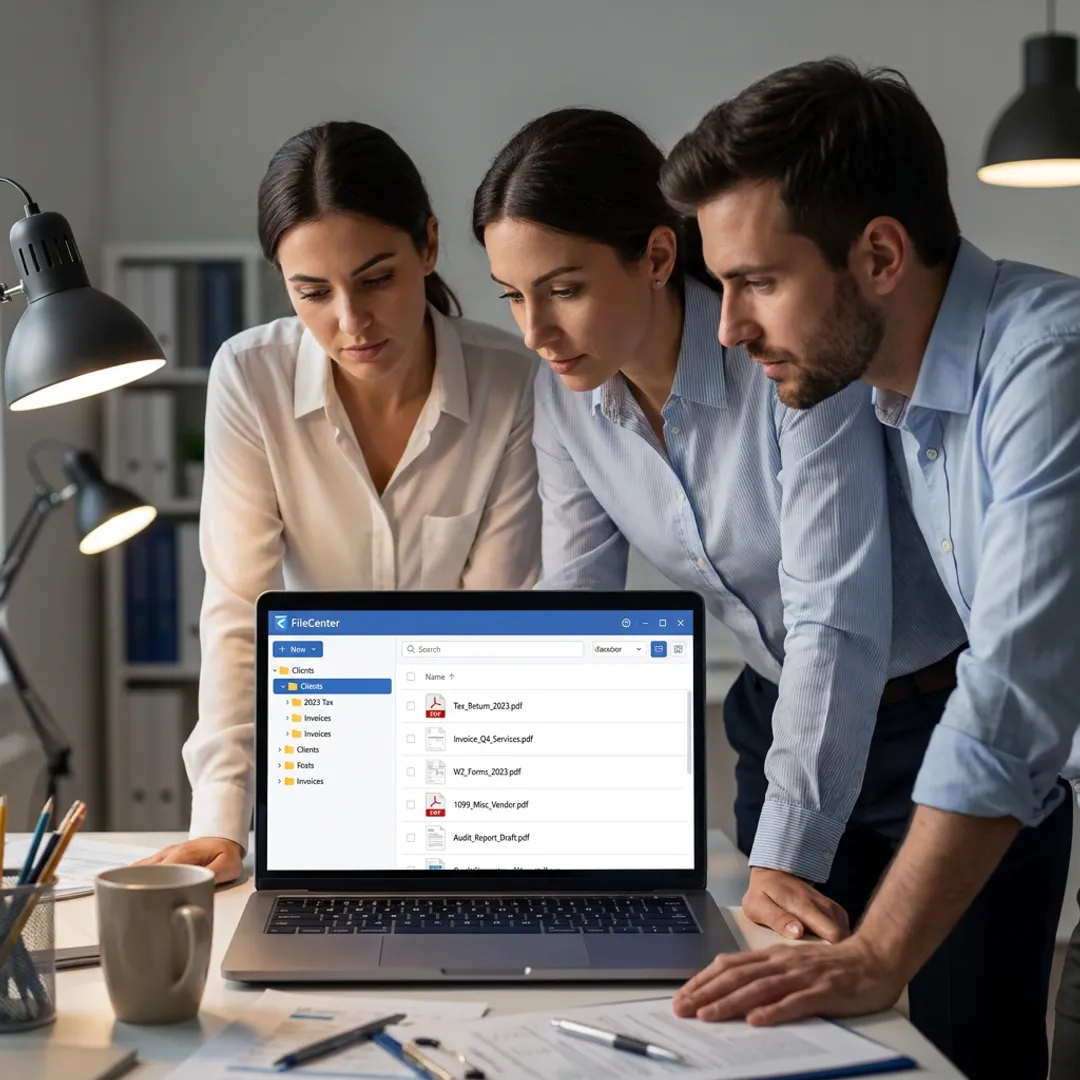 Accounting team managing digital client files