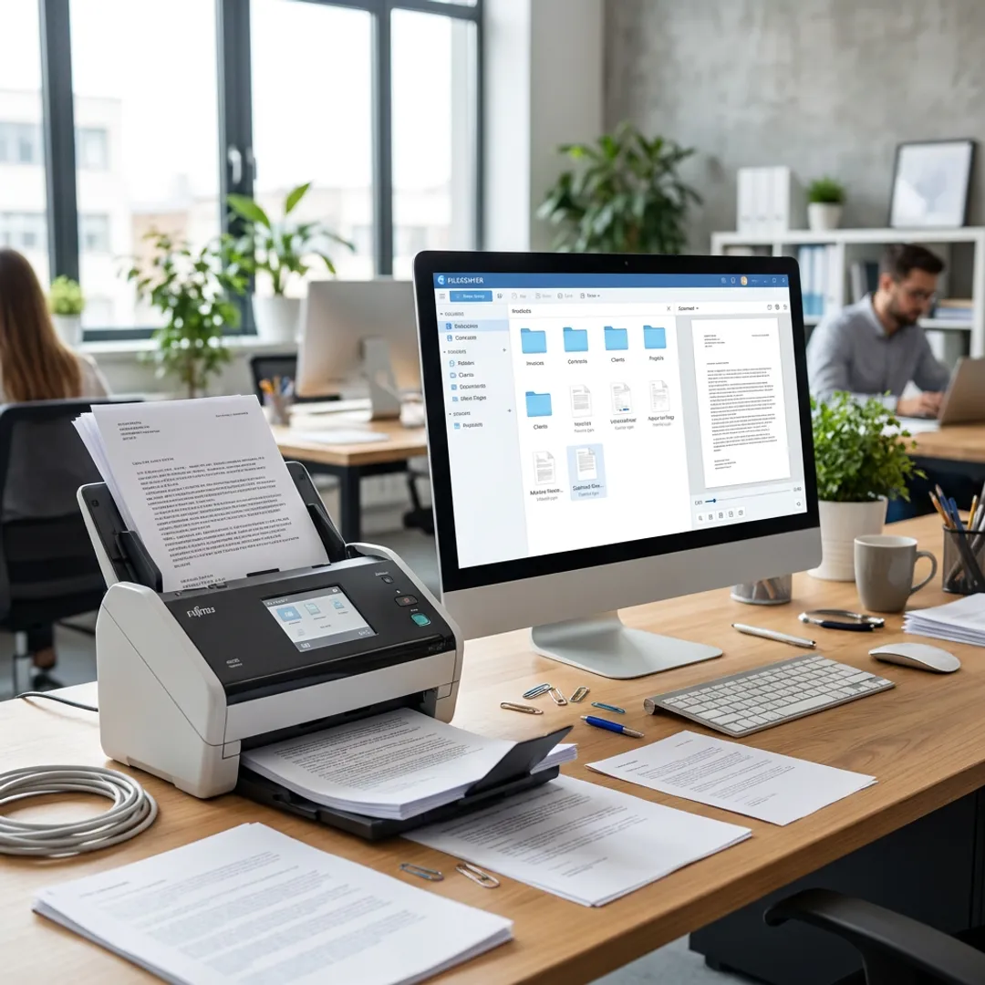 Document scanner digitizing paper files in an office