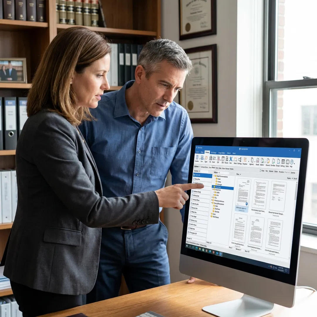 Legal team organizing digital case files
