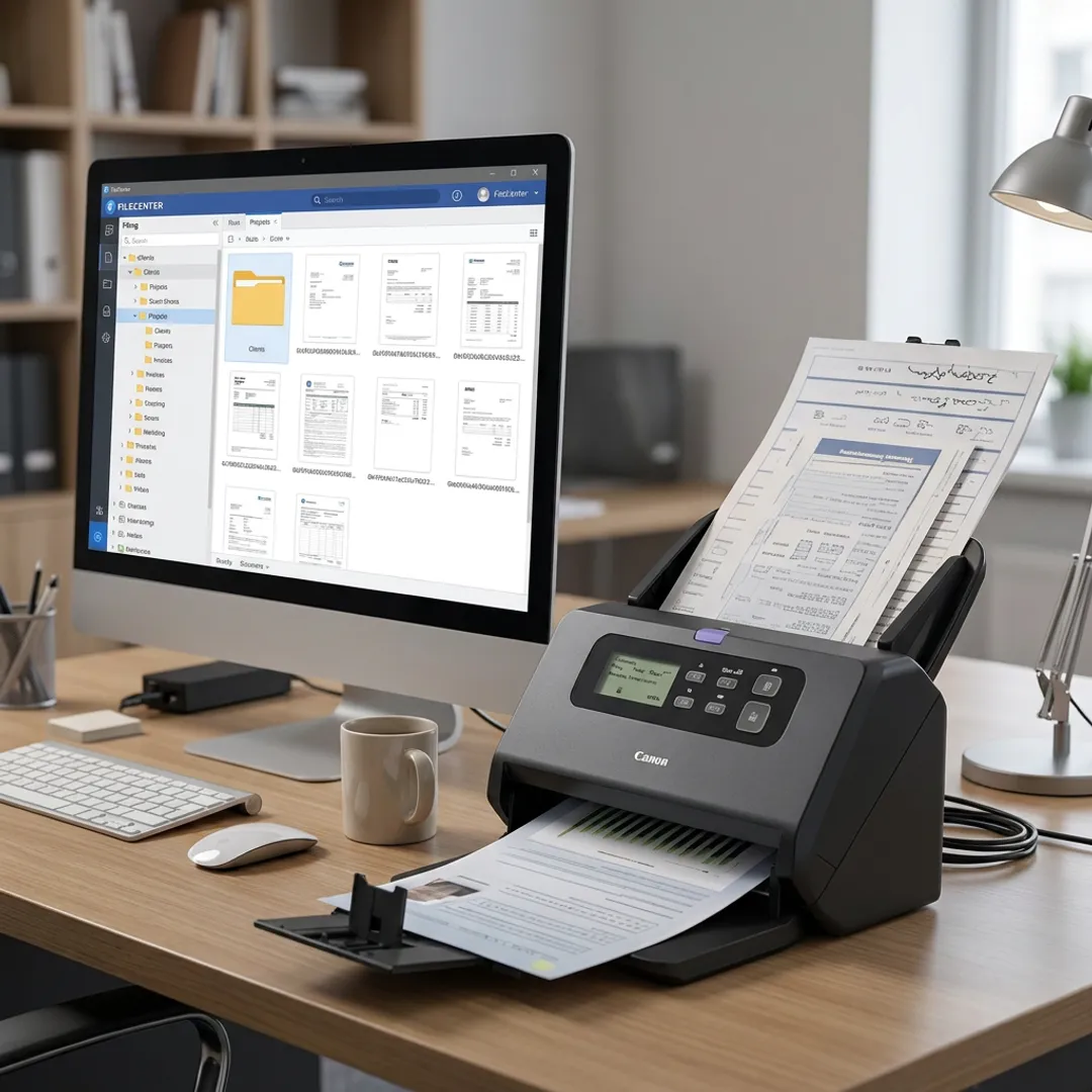 High-volume document scanner digitizing office paperwork