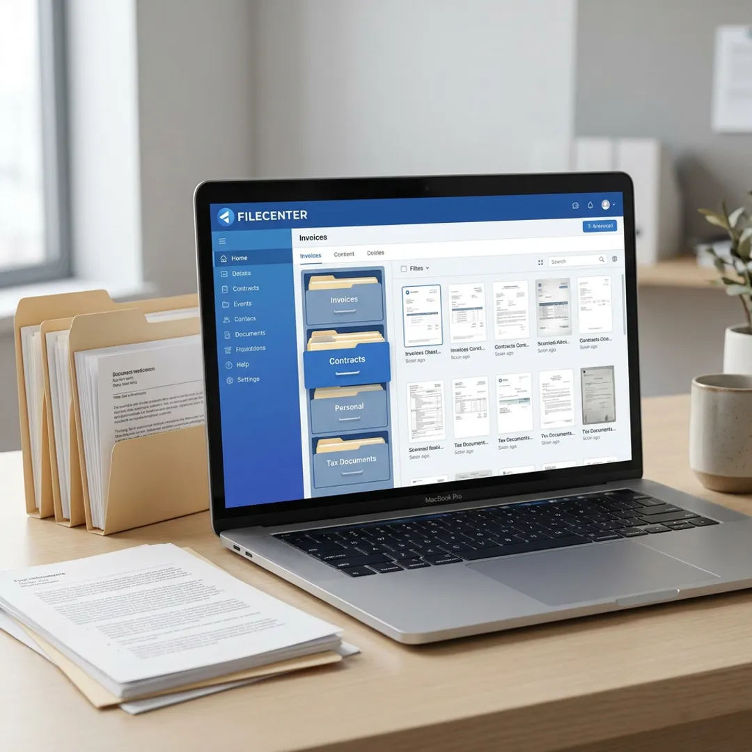 Organized home office with digital filing software