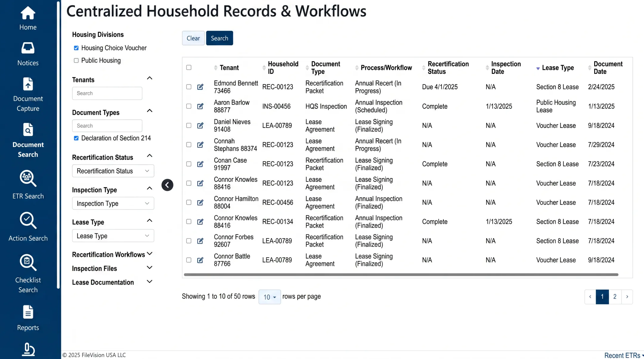 FileVision ETR platform dashboard showing centralized household compliance records