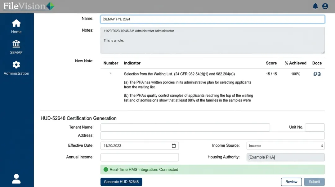 FileVision HUD compliance dashboard showing SEMAP auto-scoring interface