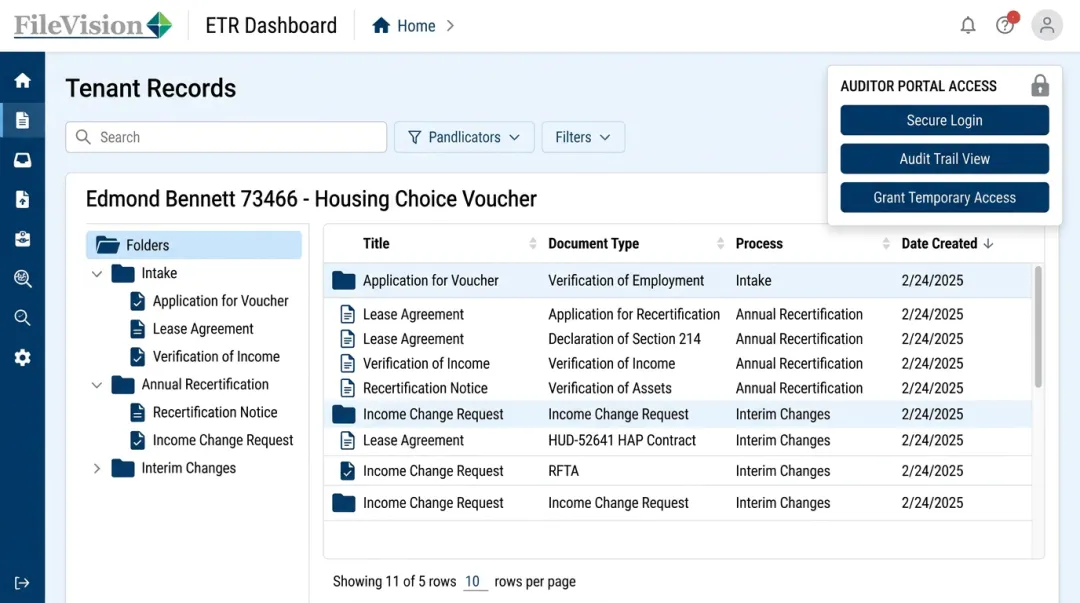 FileVision Electronic Tenant Records platform interface with document links