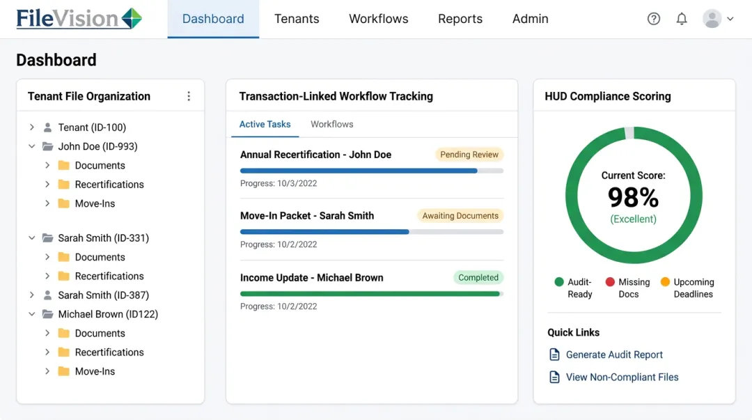 FileVision platform dashboard displaying tenant records and compliance workflows