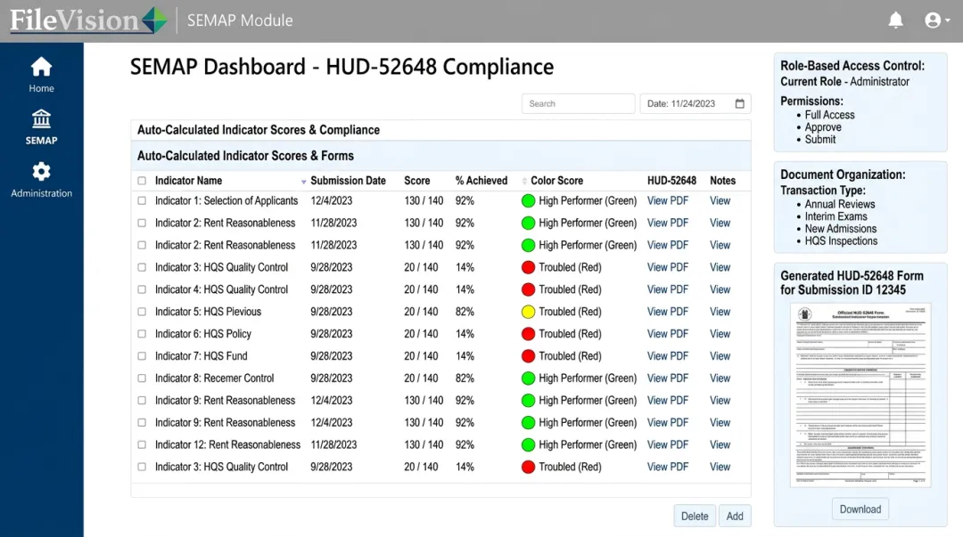 FileVision SEMAP module dashboard showing automated HUD certification scoring