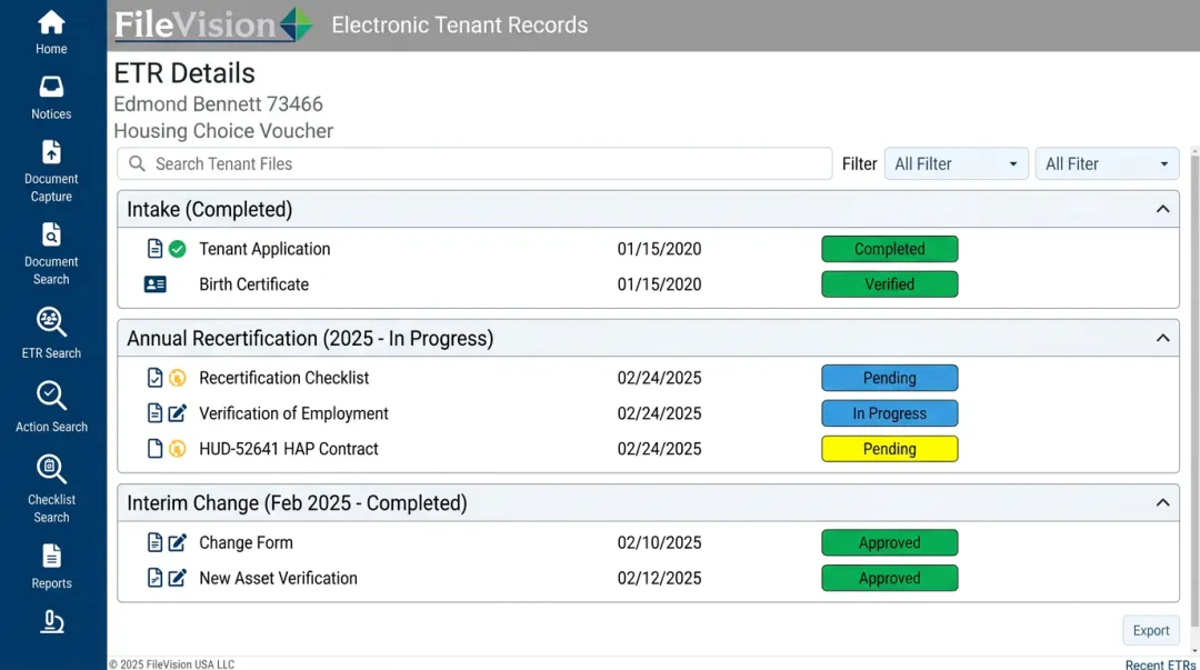 FileVision Electronic Tenant Records platform showing organized housing authority files
