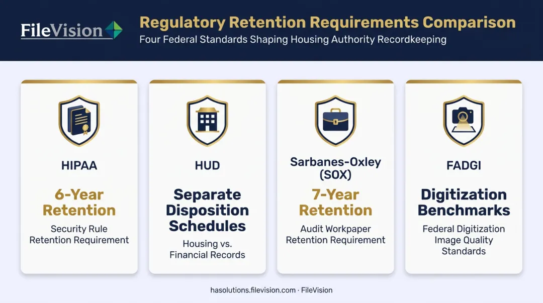 US regulatory retention requirements comparison for HIPAA HUD SOX FADGI