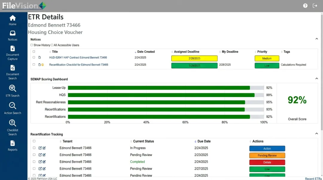 FileVision Electronic Tenant Records dashboard showing compliance tracking interface