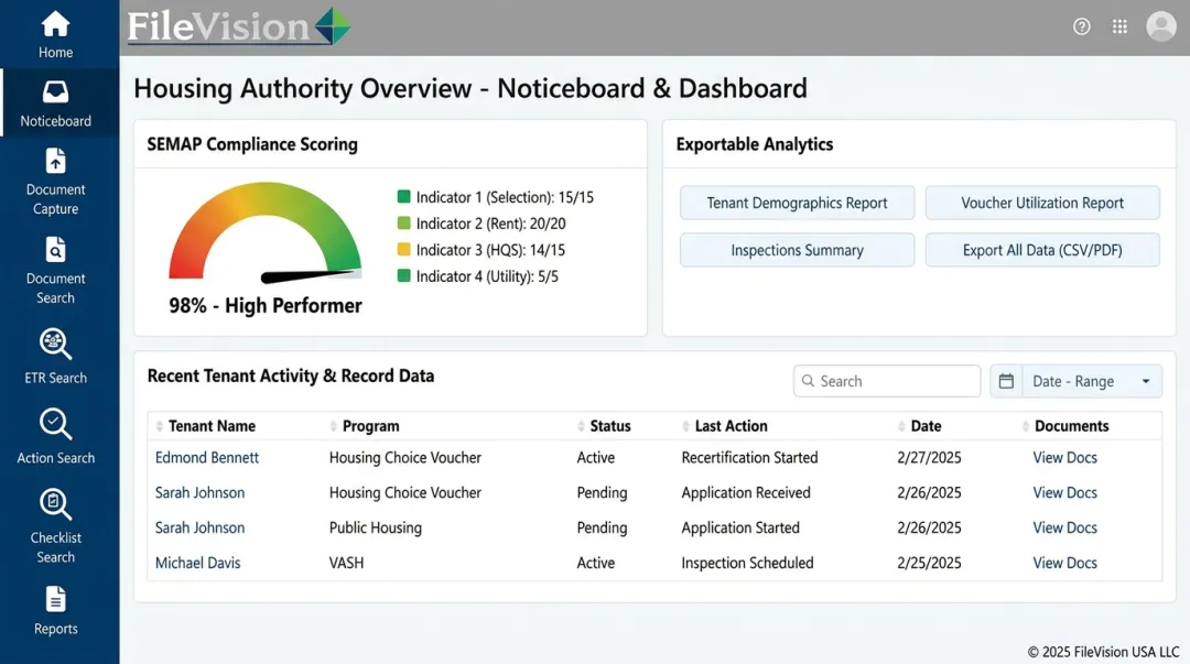 FileVision tenant records dashboard showing SEMAP compliance scoring interface