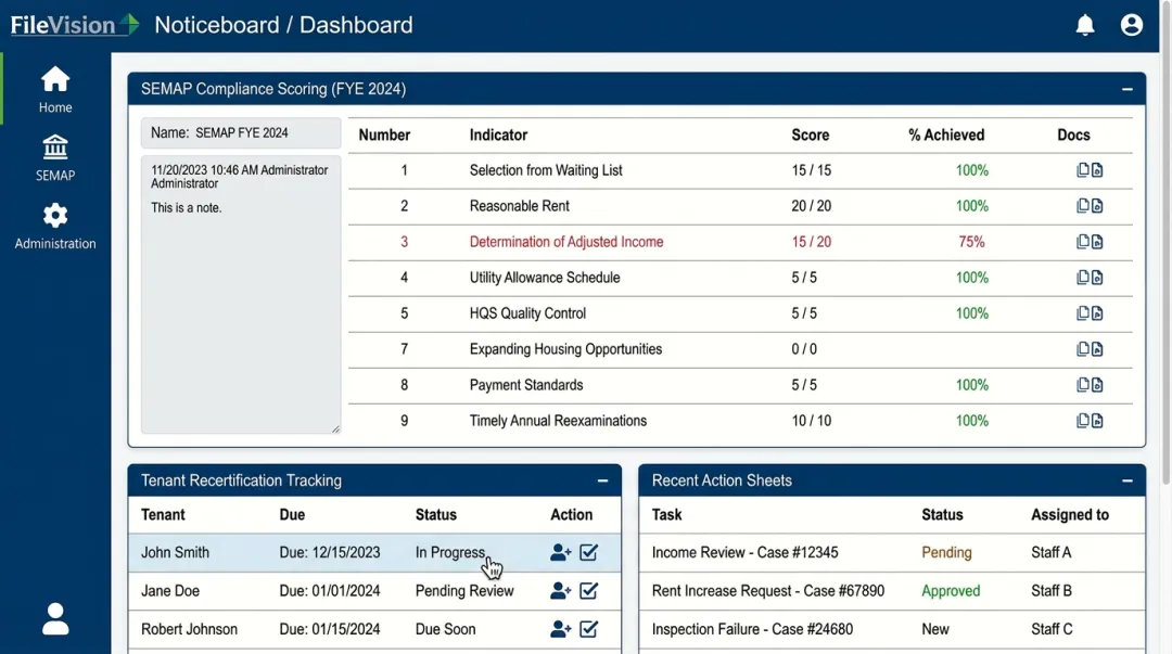 FileVision SEMAP dashboard showing housing authority compliance and tenant records