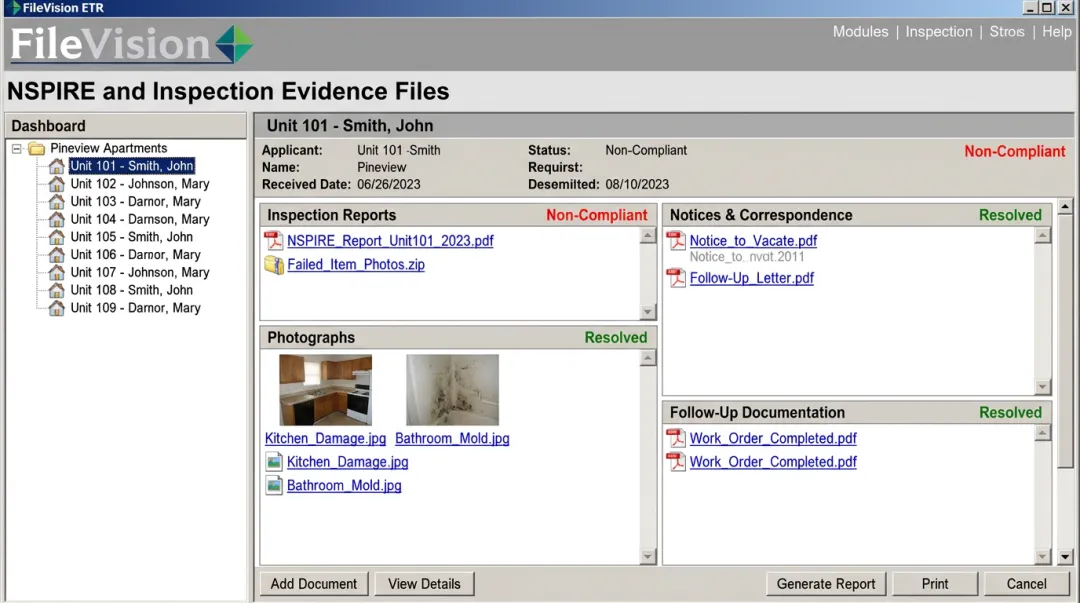 FileVision ETR platform interface displaying NSPIRE inspection evidence files