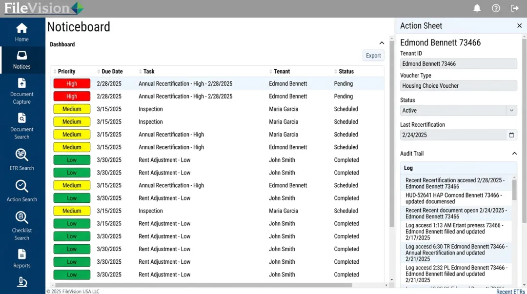 FileVision Noticeboard dashboard displaying color-coded tenant record tasks
