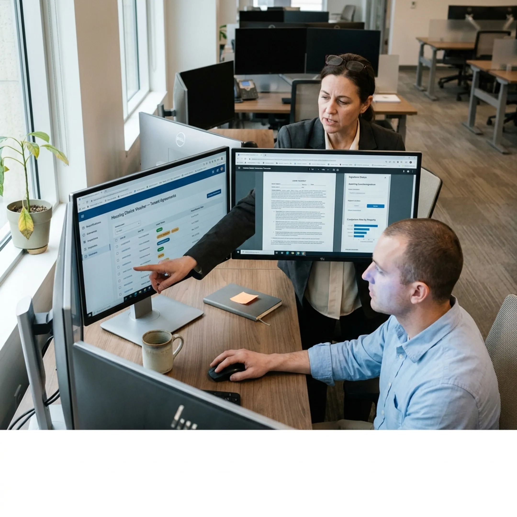 Housing authority administrators reviewing electronic tenant contracts on software dashboard