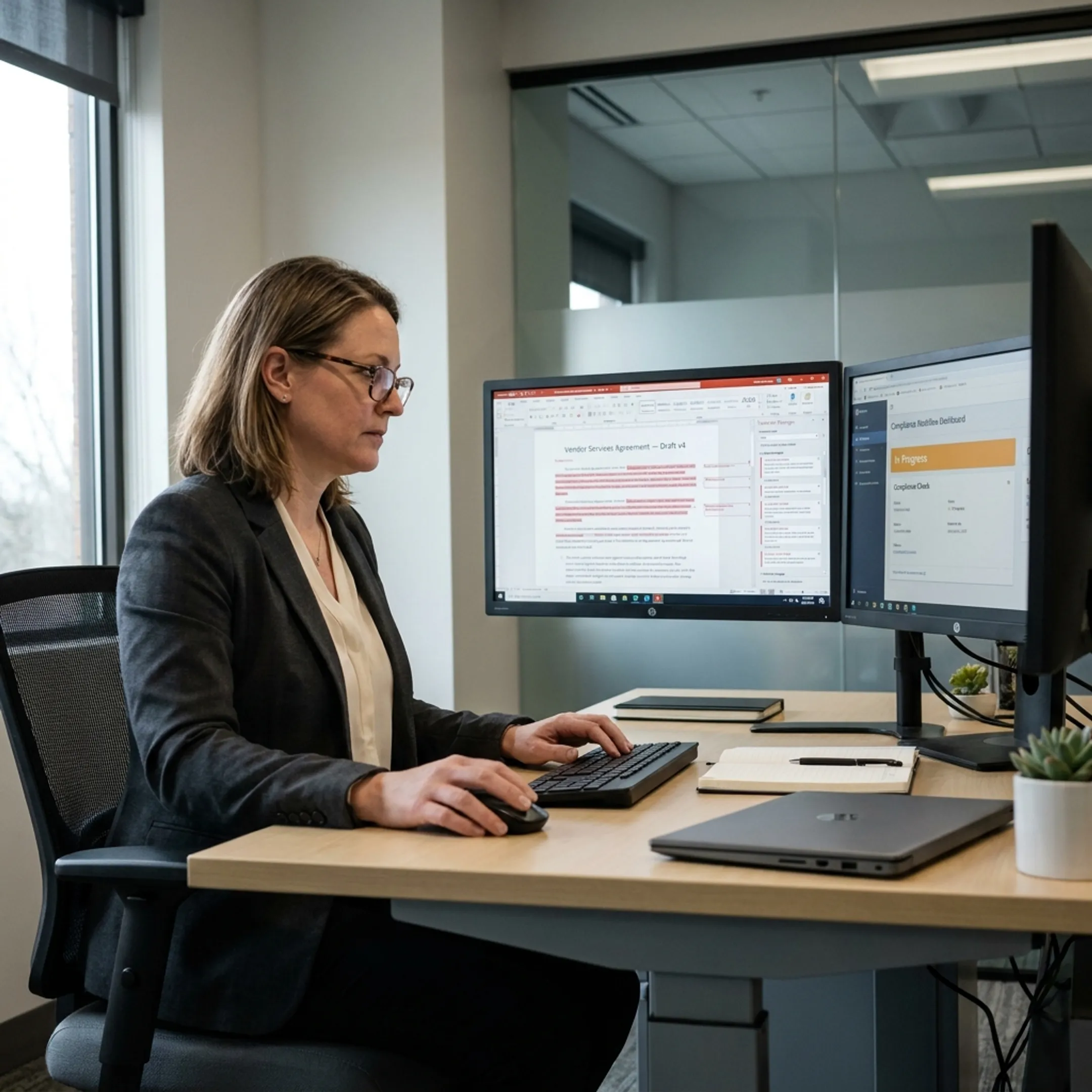 Professional reviewing digital contract templates on a computer monitor