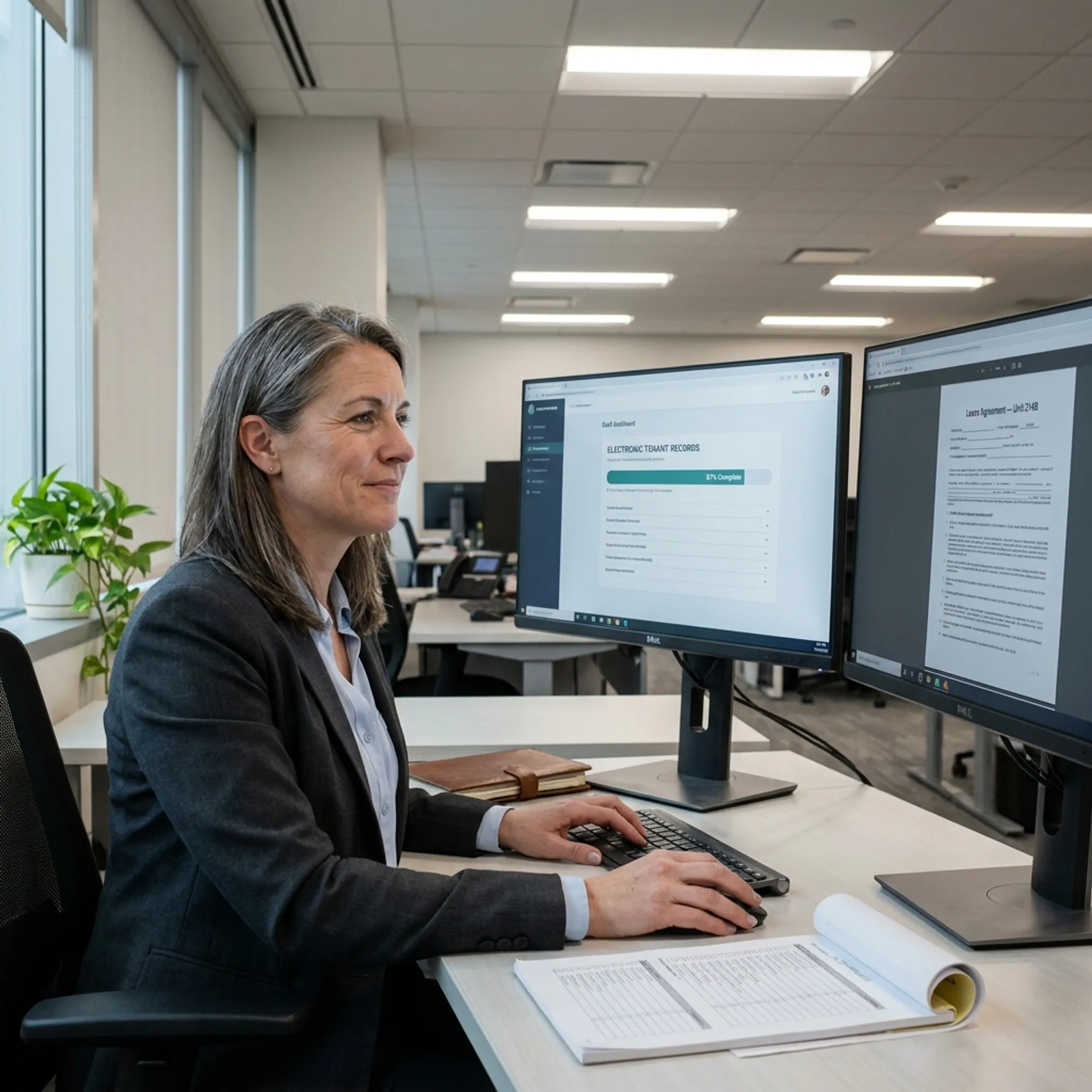 Compliance officer reviewing digital files on a secure enterprise document management interface.