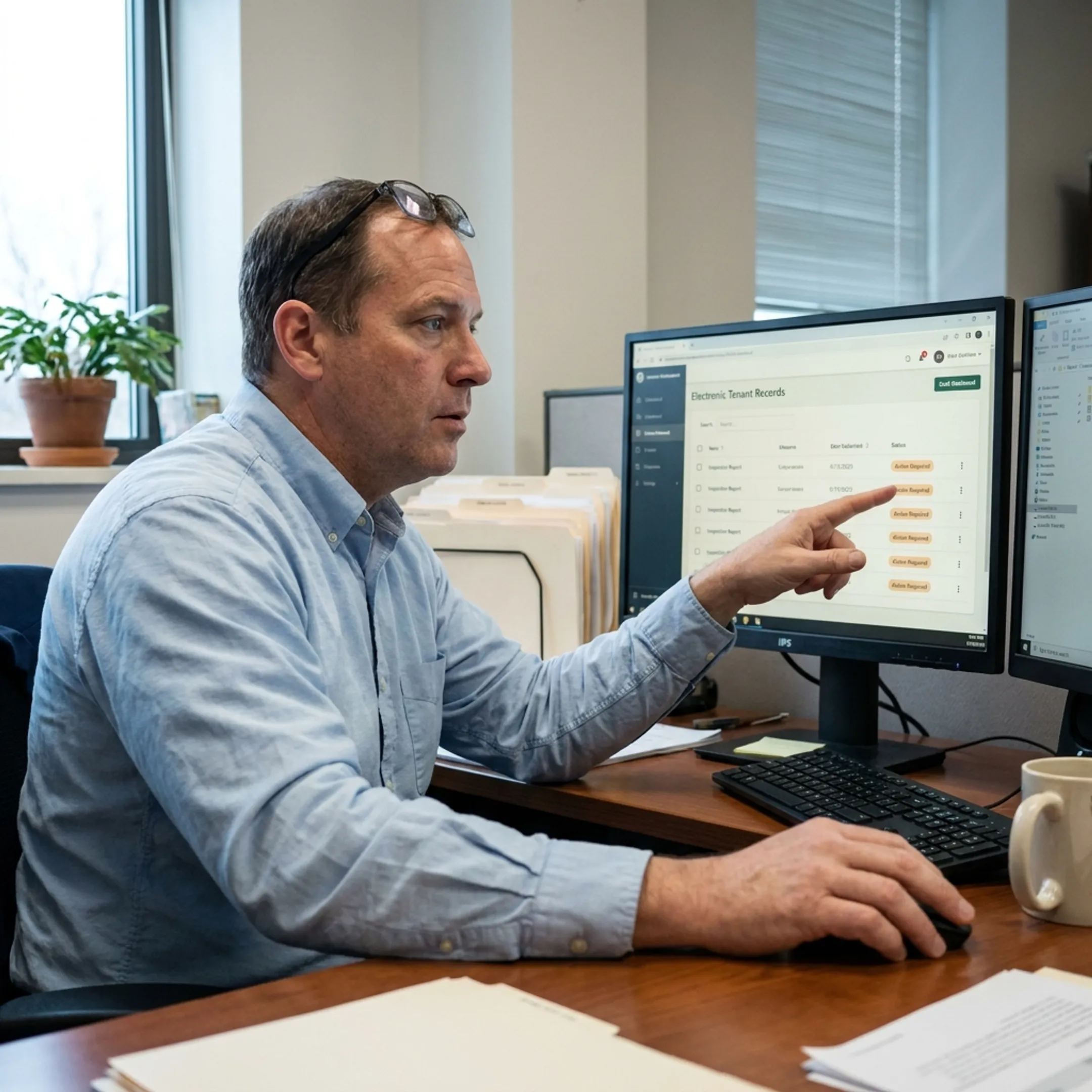 Public housing specialist reviewing electronic tenant files on desktop software
