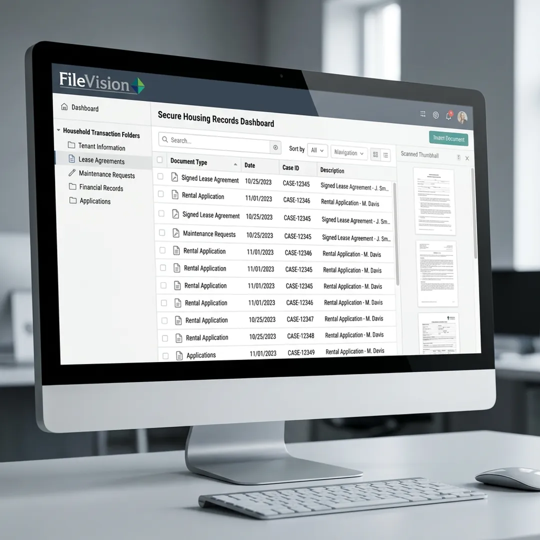 Digital tenant record displayed beside scanned documents