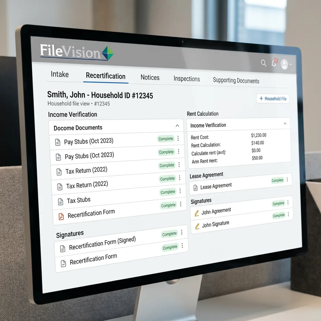 Electronic tenant record organized by household transaction