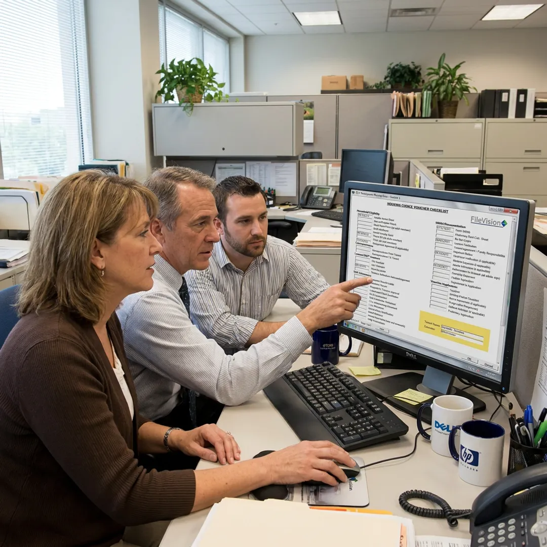 Staff using a housing compliance records portal
