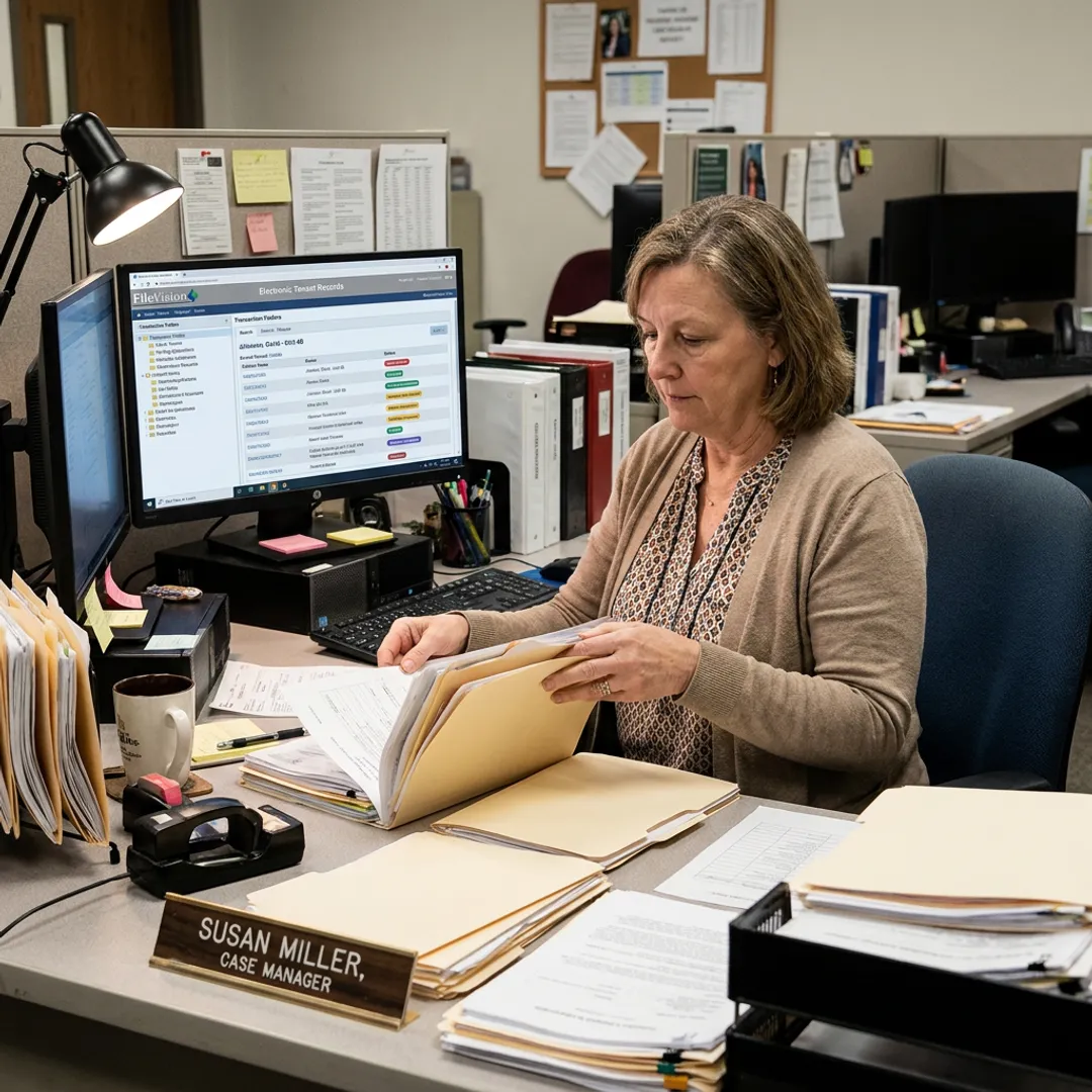 Staff member managing digital housing records