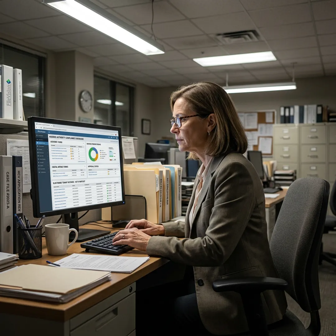 Employee reviewing digital workflow tasks