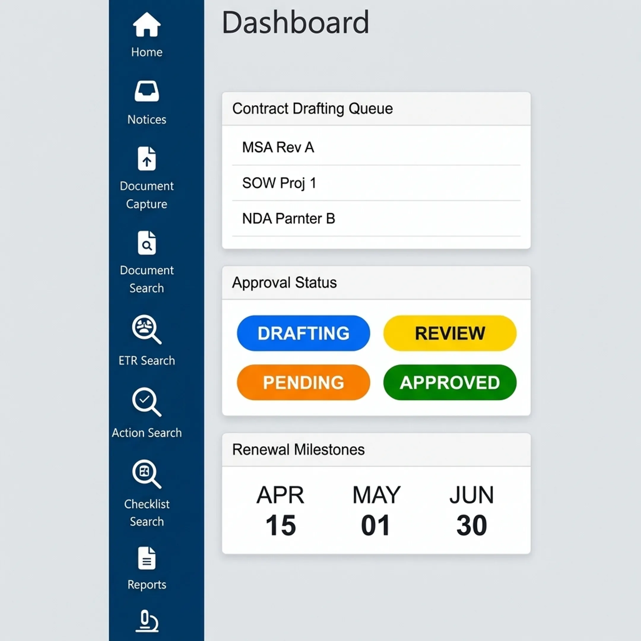Dashboard displaying active contract drafts and pending workflow approvals