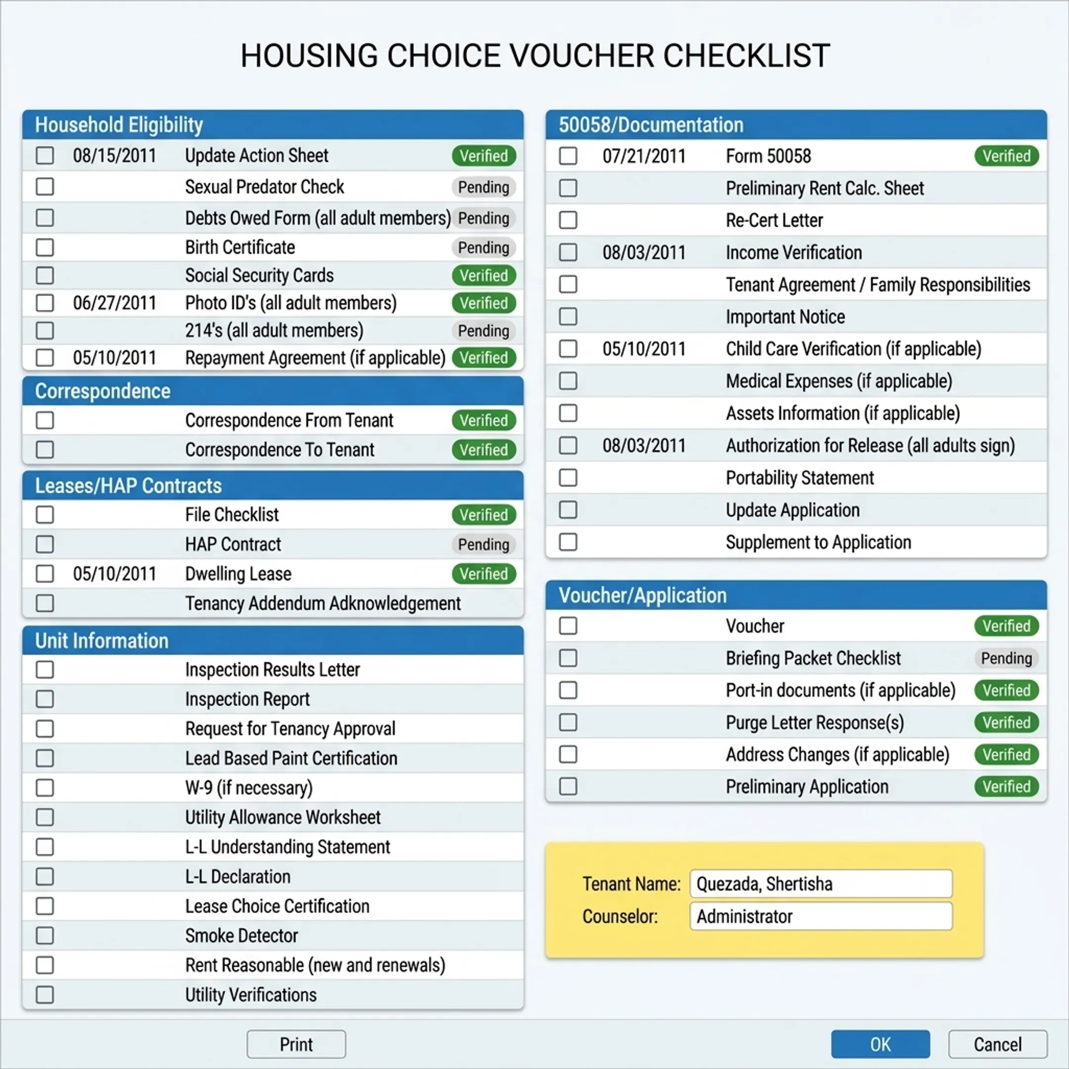 Electronic document interface displaying organized tenant files and checklists