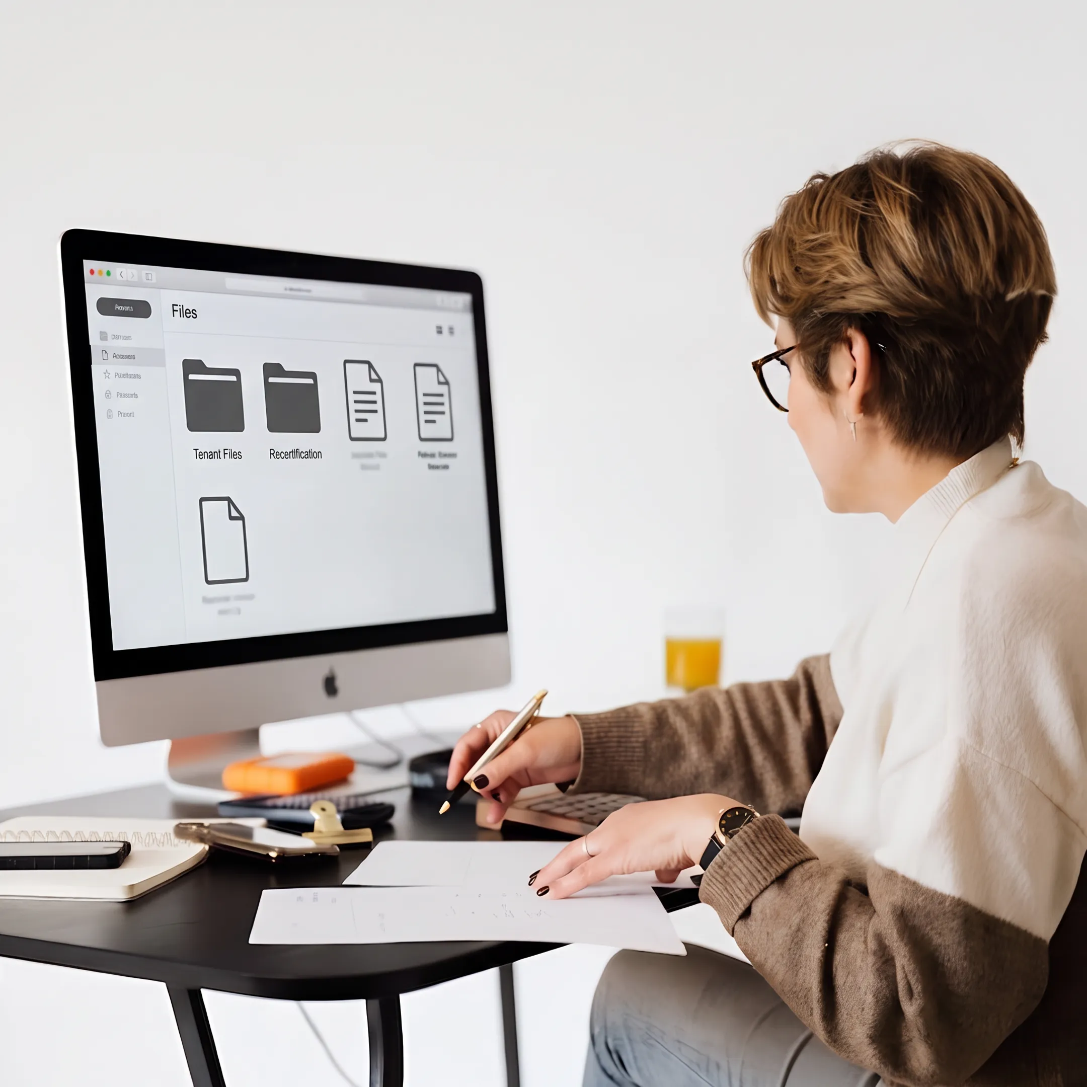 Housing specialist accessing digital tenant records on a desktop monitor