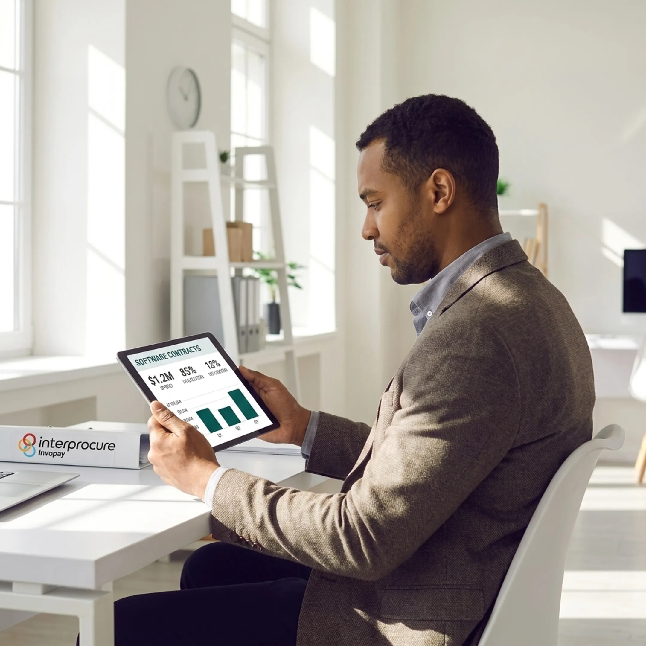 Executive reviewing contract management software cost analysis on a tablet