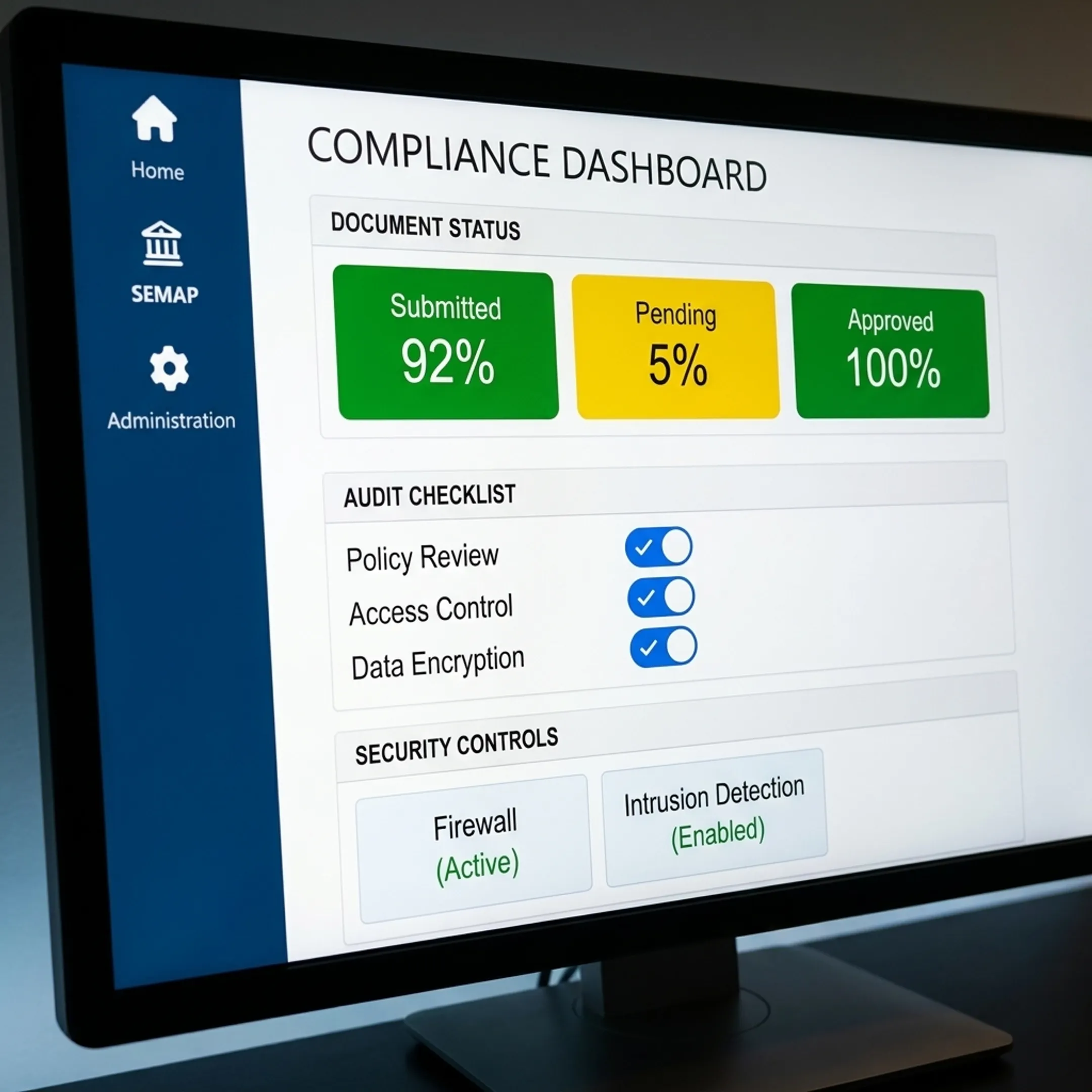 Compliance management system software dashboard displaying audit trails and file checklists