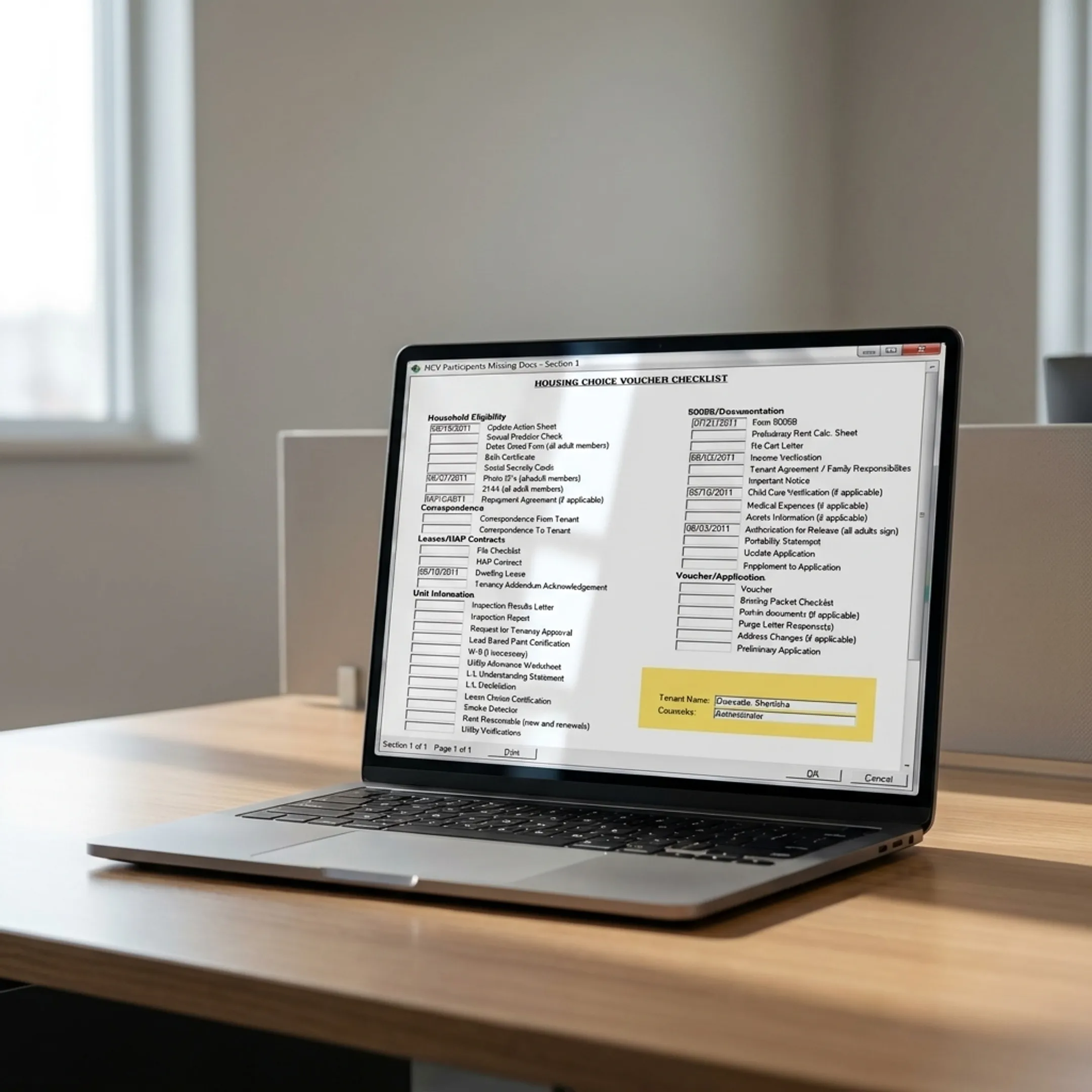 Organized electronic housing compliance files and digital forms displayed on a laptop