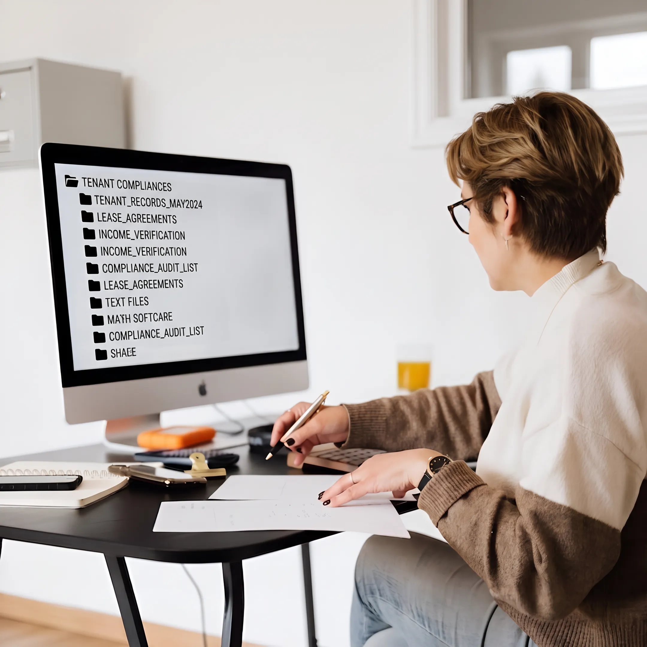 Public housing specialist reviewing electronic housing records on a desktop screen