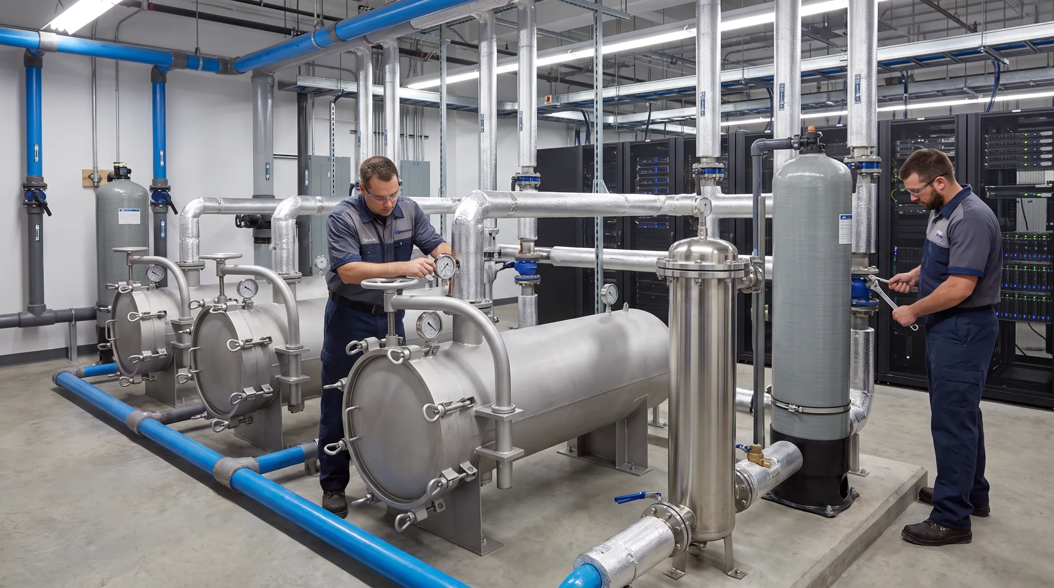 High-flow cartridge filter housings and support services for data center cooling systems