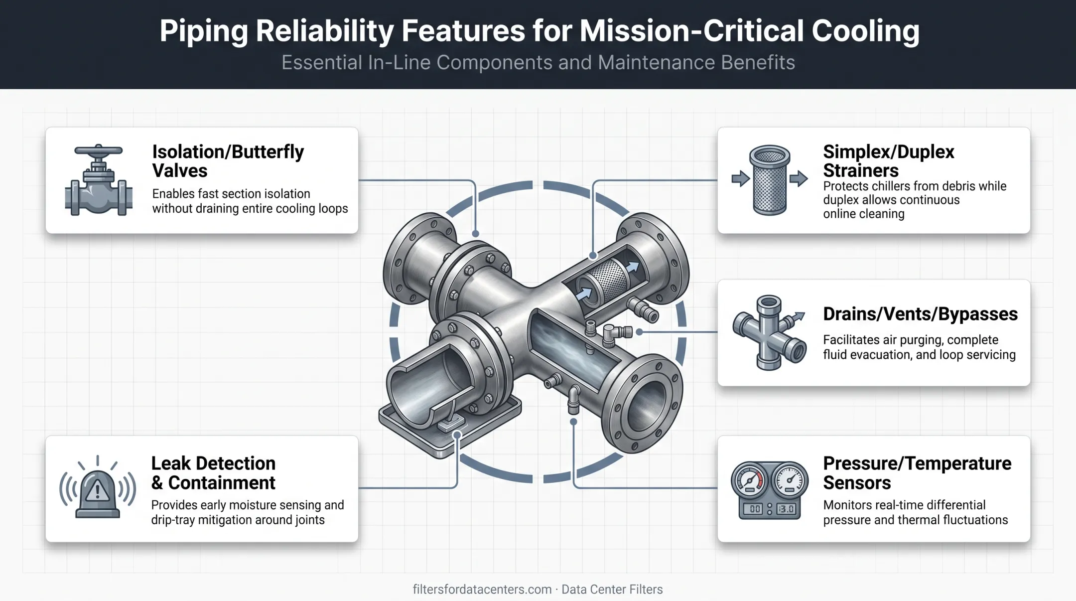 Five key piping reliability features supporting data center cooling maintenance