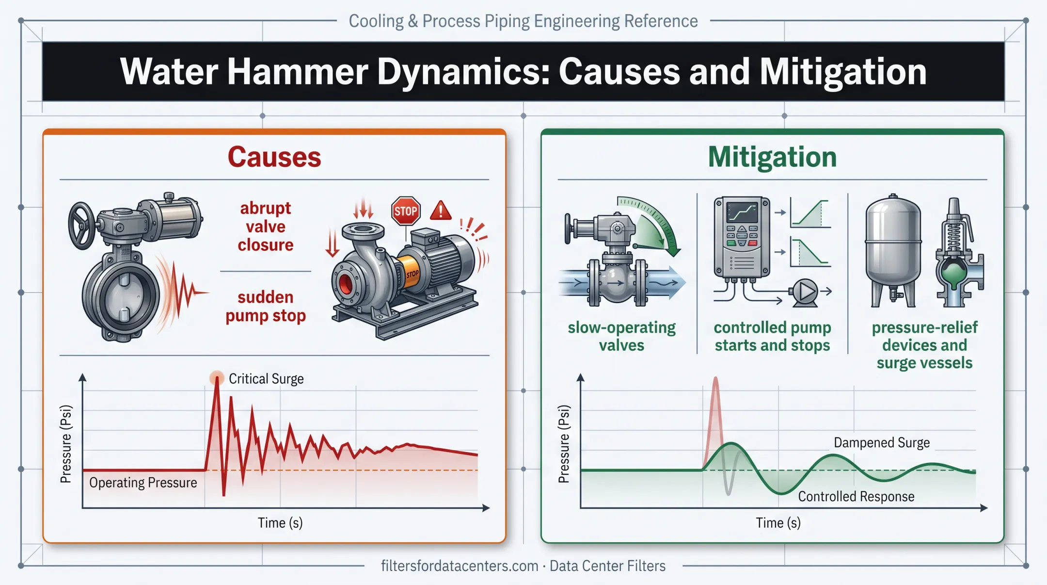 Water hammer causes and three mitigation strategies comparison diagram