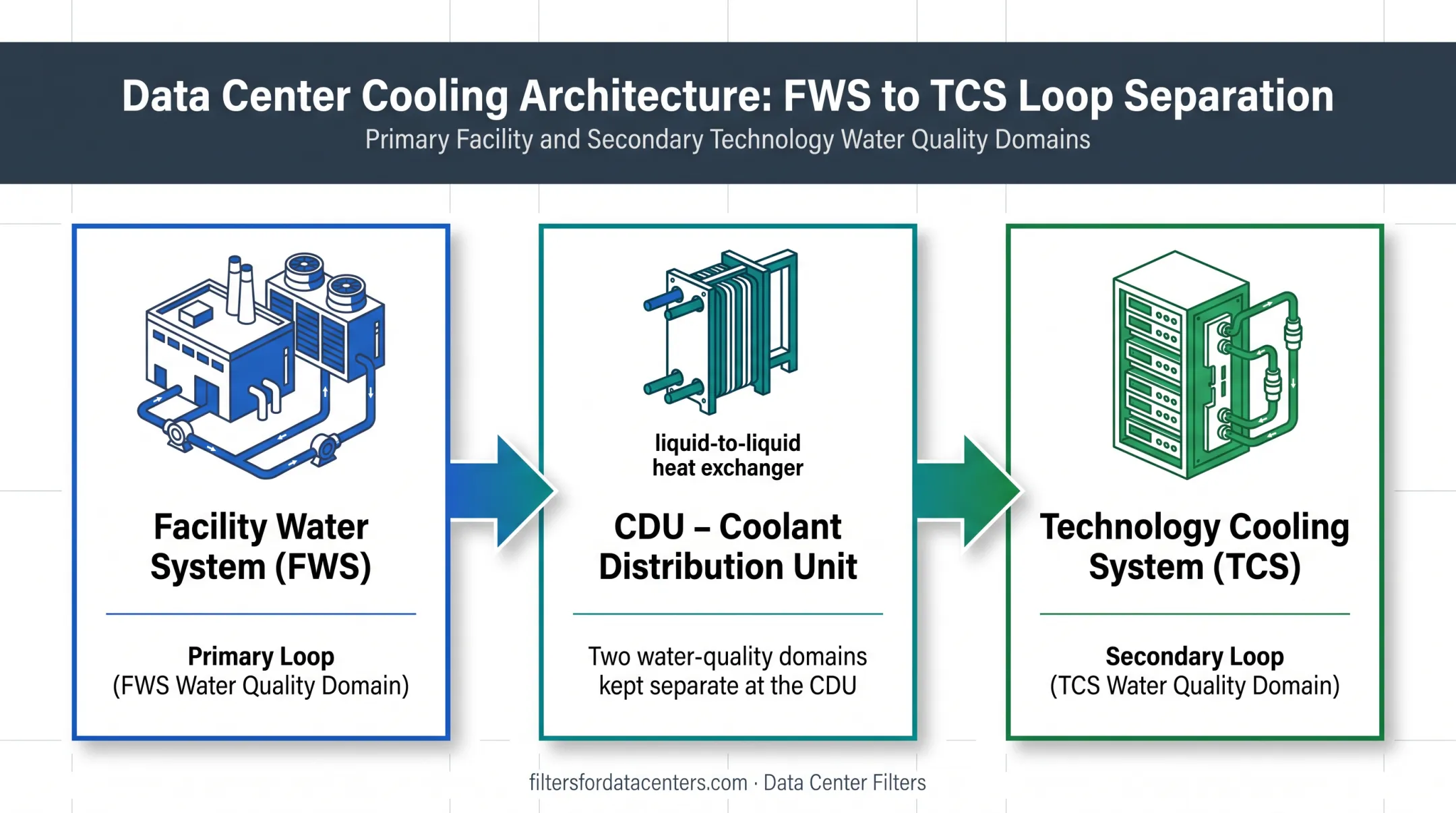 Facility water system to CDU to technology cooling loop relationship diagram