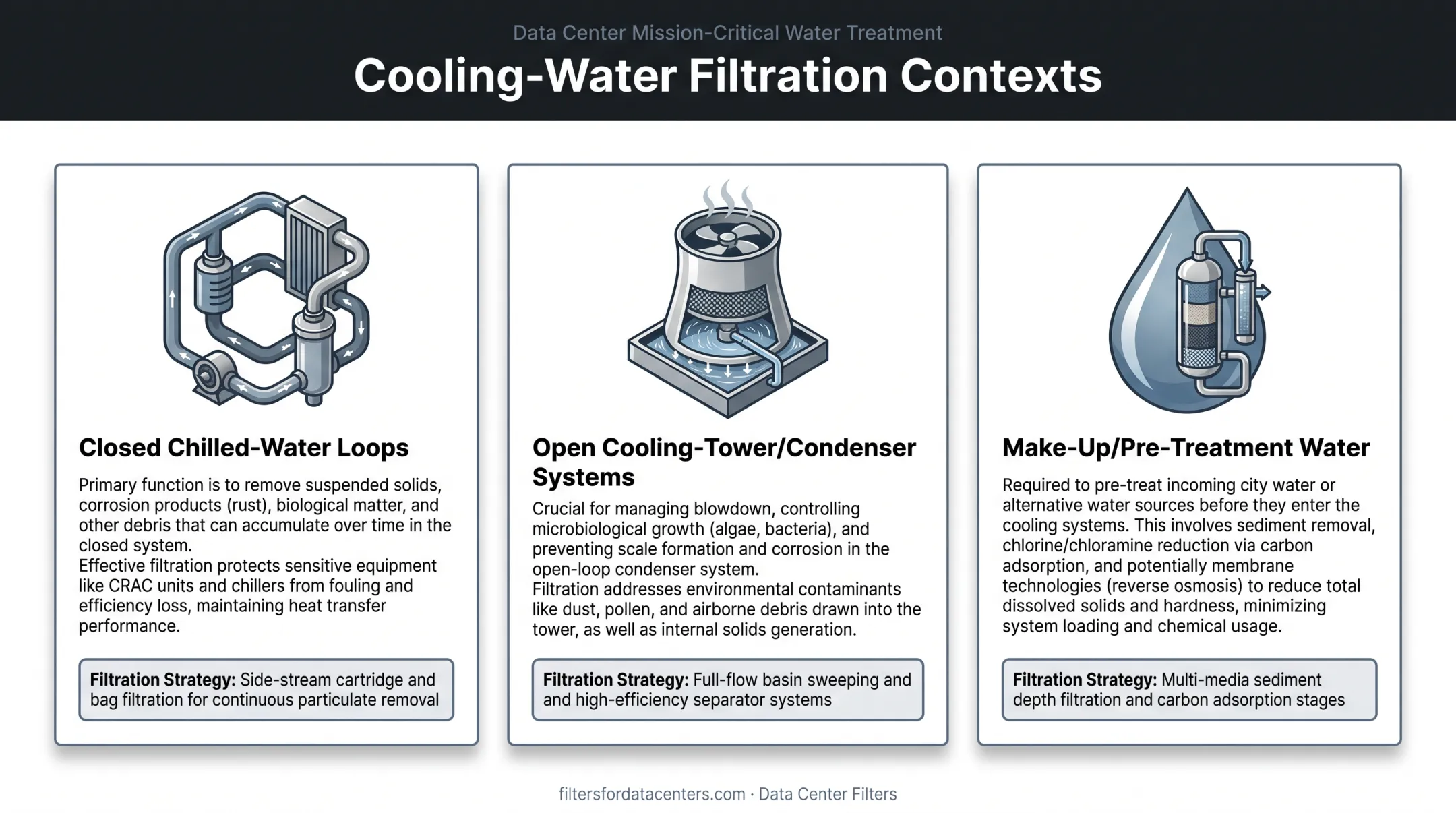 Three data center cooling water contexts and matching filtration strategies