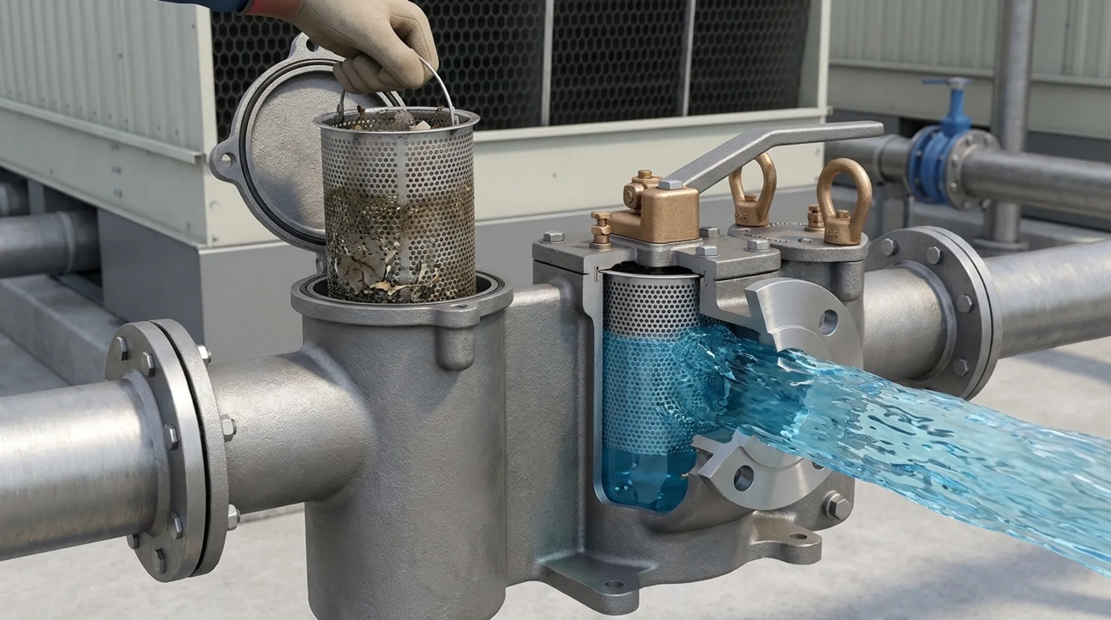 Duplex cooling tower strainer assembly with dual stainless steel baskets