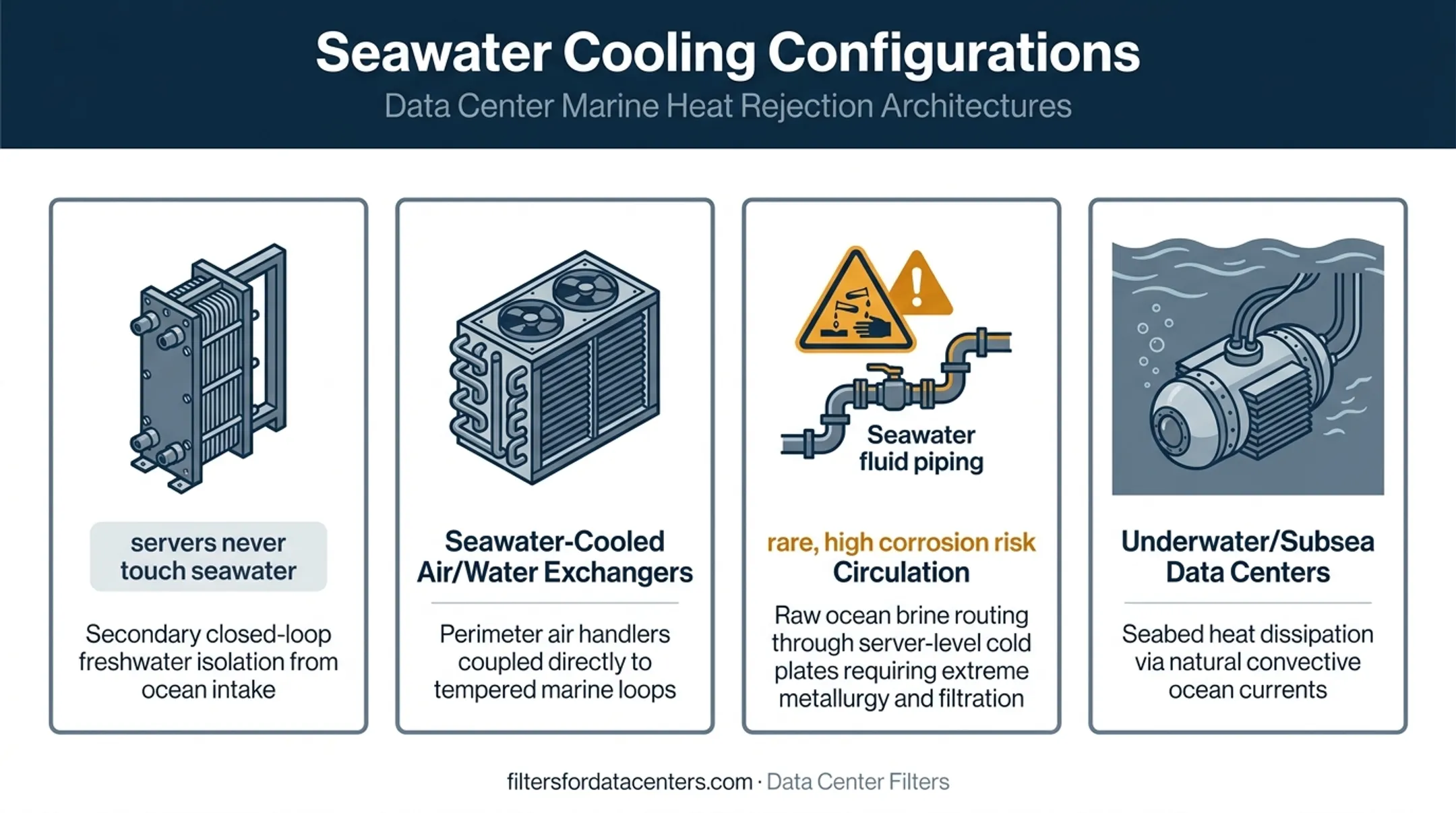 Four seawater cooling configurations from indirect to subsea data centers