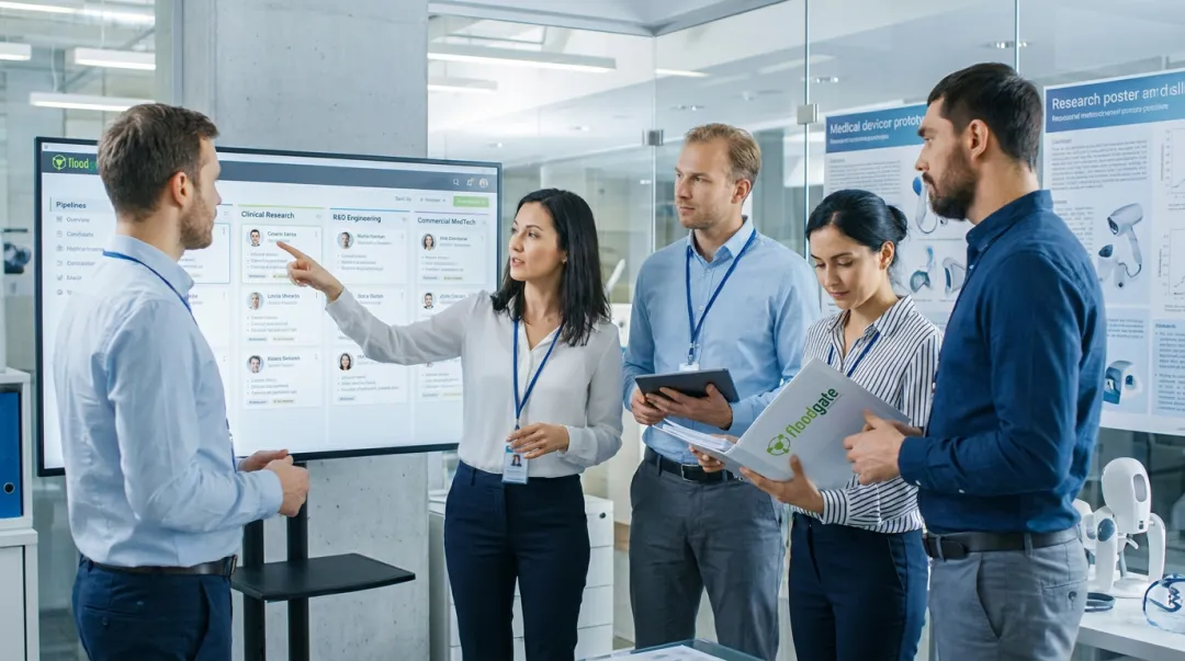 Diverse MedTech clinical research recruiters reviewing candidate profiles