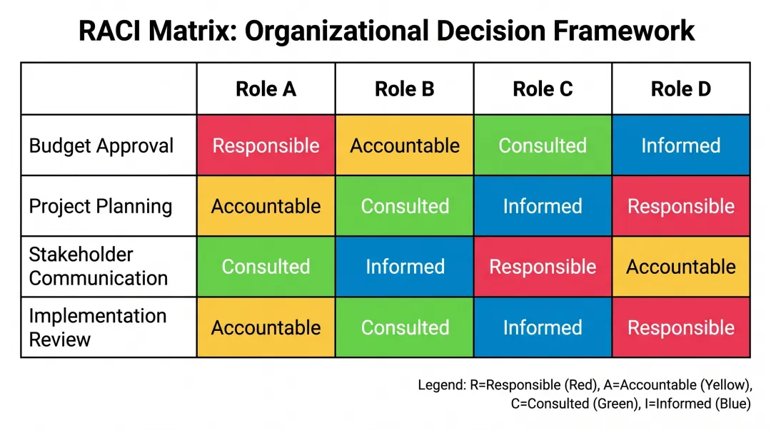 RACI matrix template showing role definitions for decision-making accountability framework
