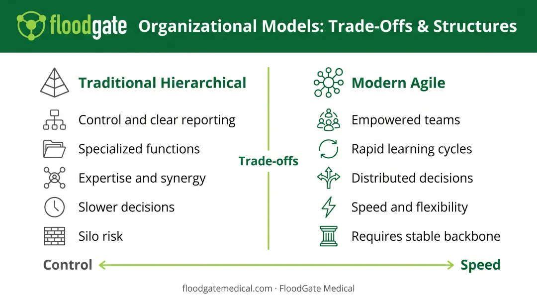 Traditional hierarchical versus modern agile organizational models side-by-side comparison chart