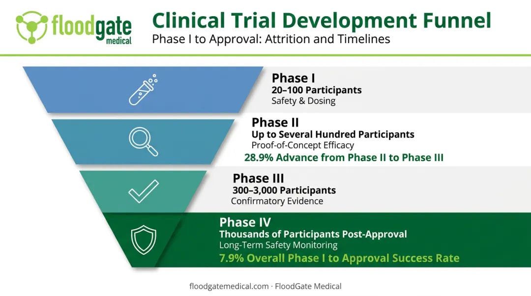Four phases of clinical development funnel with attrition rate statistics