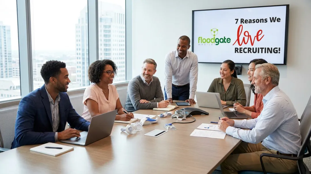 Diverse MedTech professionals collaborating during specialized talent recruitment discussion