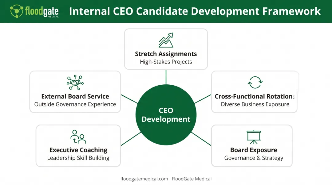 Internal CEO candidate development strategy showing 5 key development components