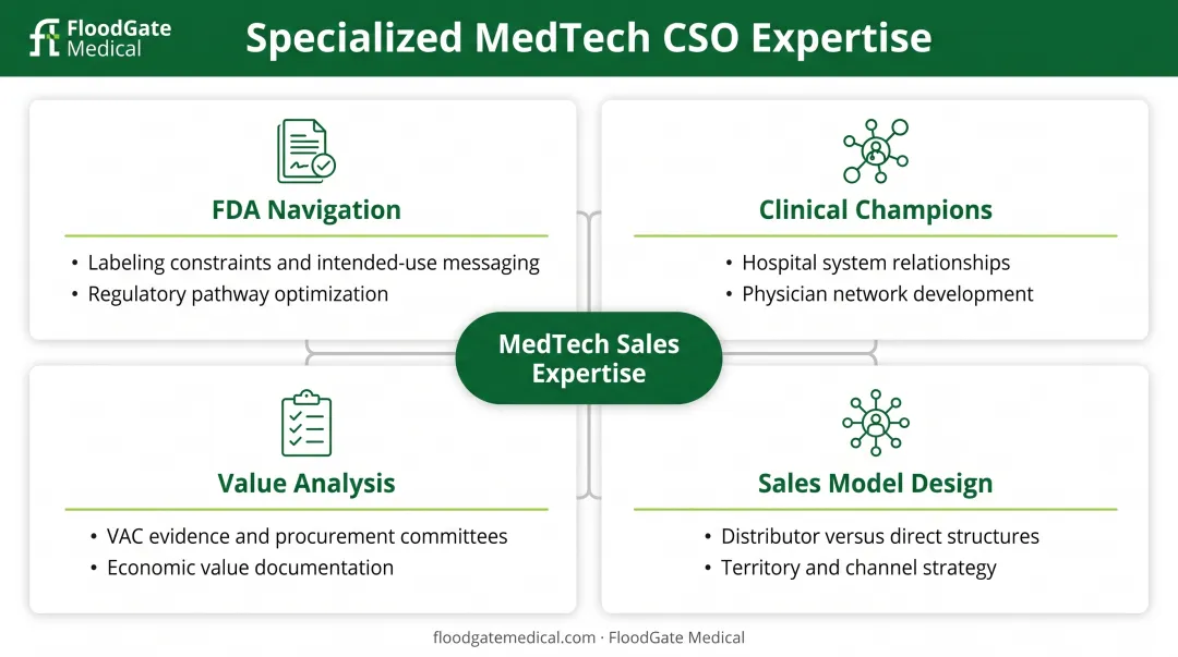 Four specialized MedTech fractional CSO expertise areas with regulatory and hospital focus