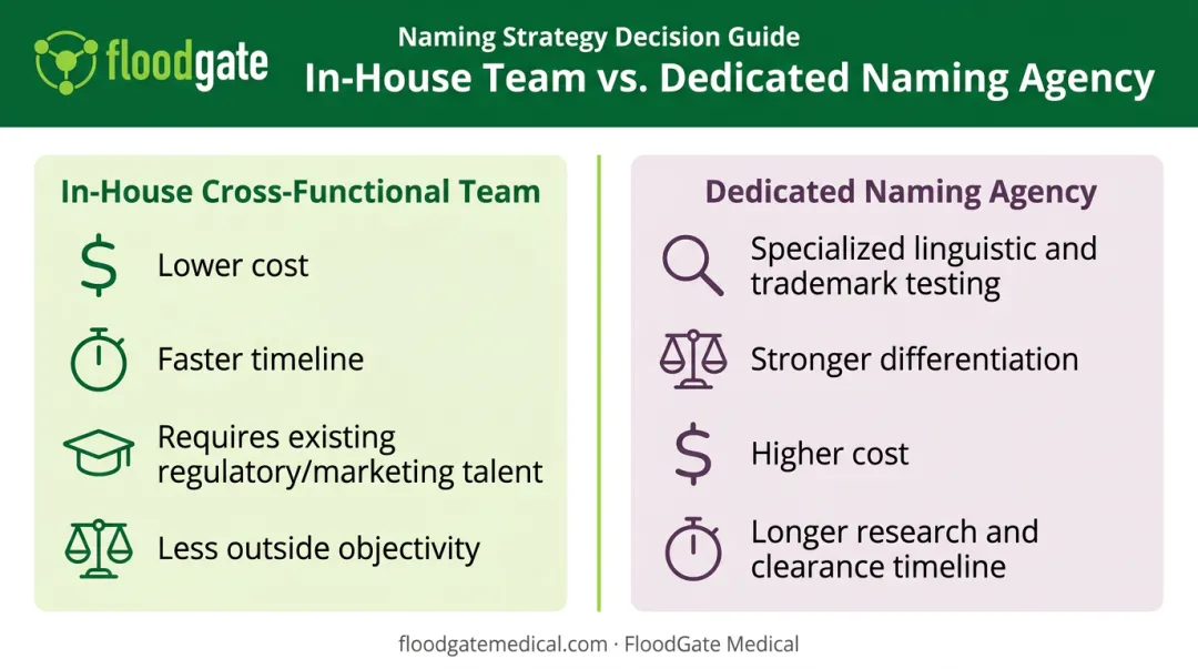 In-house team versus outside naming agency comparison for medical device launches