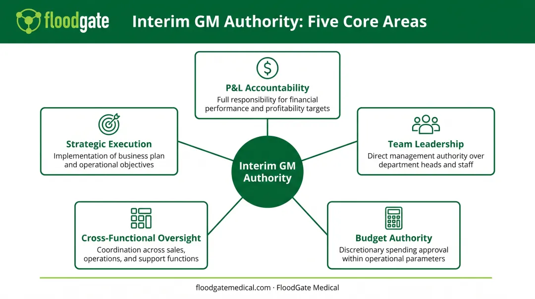 Interim general manager scope of authority showing five key responsibility areas
