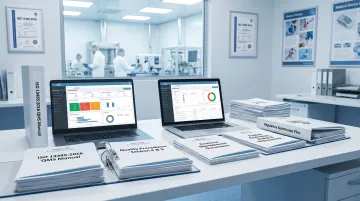 Medical device quality management system implementation with ISO 13485 documentation and compliance procedures